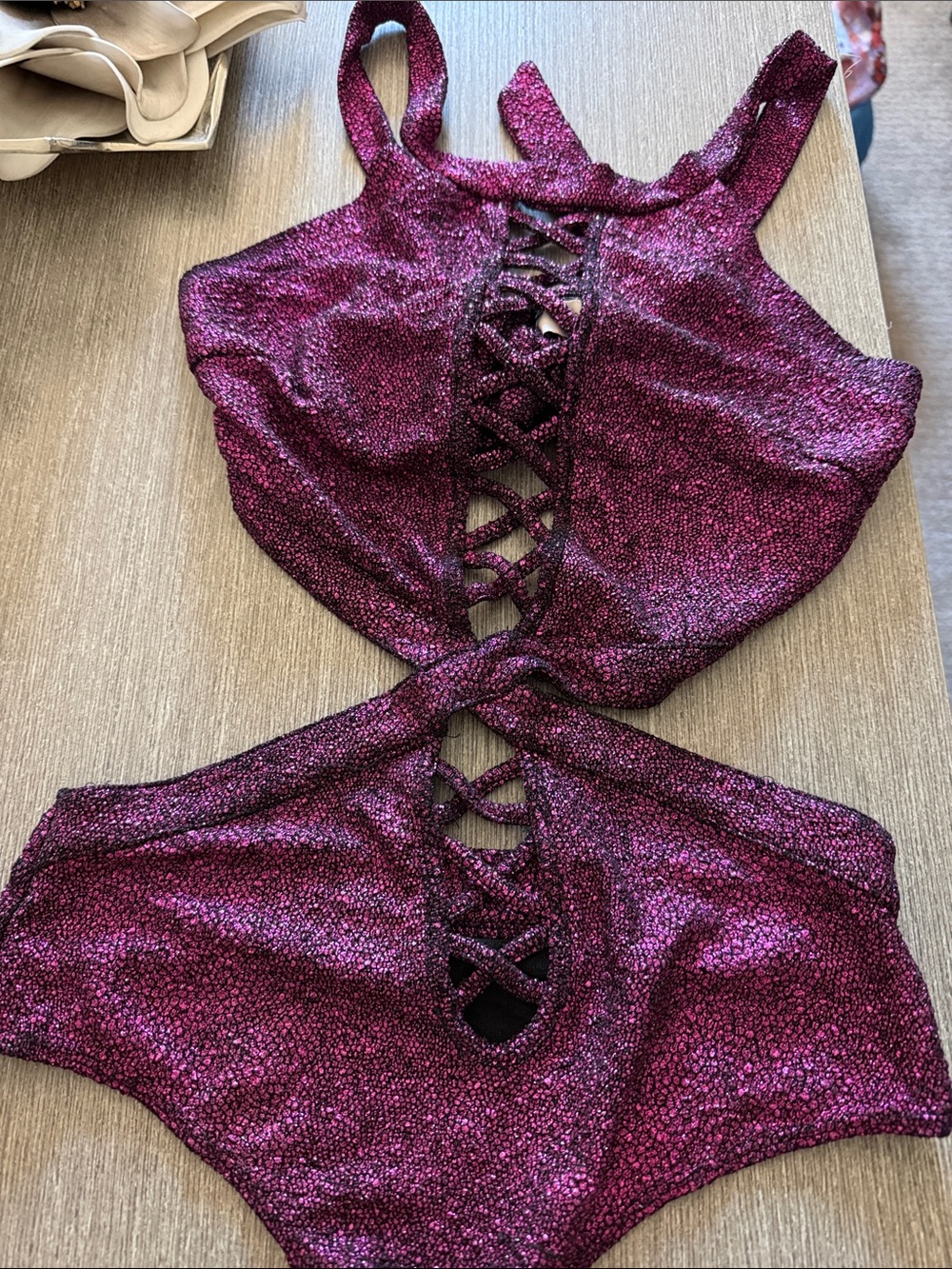 Sparkle Cutout One-Piece bodysuit in Deep Magenta